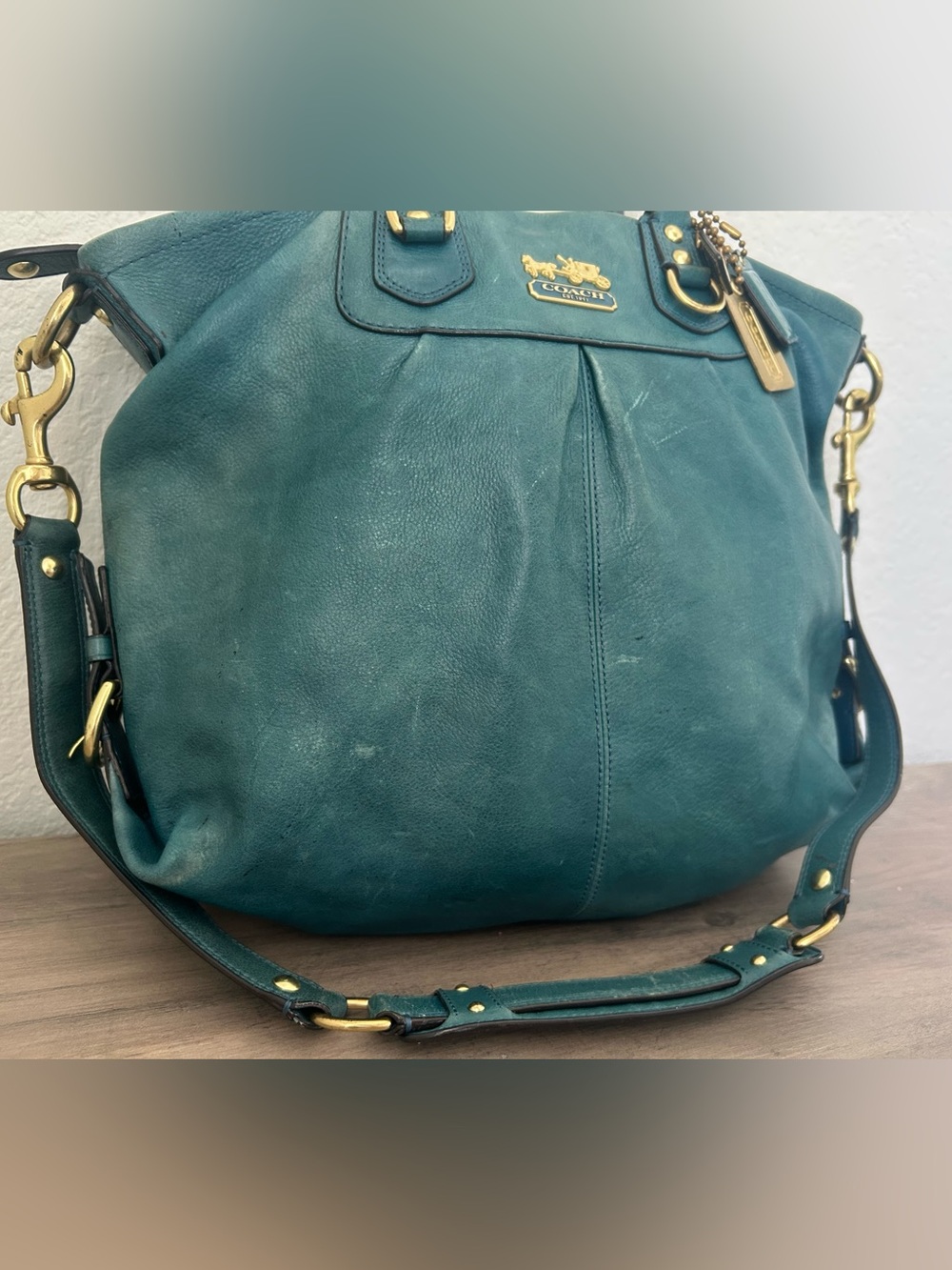 Coach Madison Leather Julianne Tote Teal and Gold Shoulder Bag Purse Handbag - Picture 2 of 12